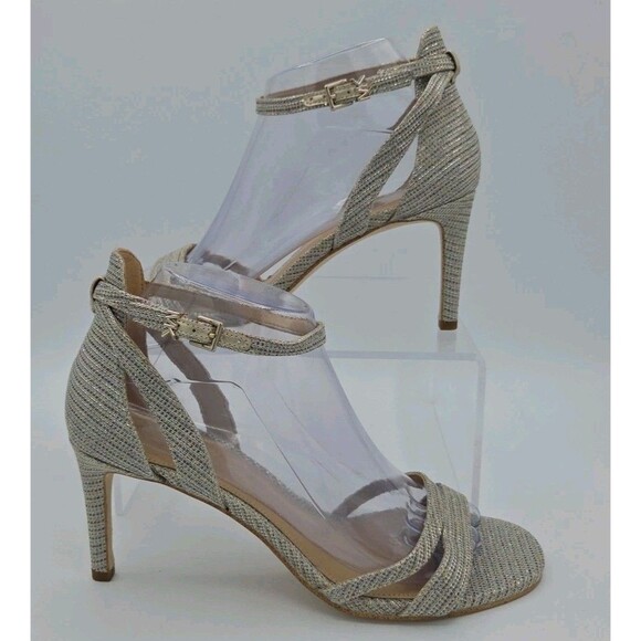 Michael Kors Ava Mid Sandal Heels Strappy Glitter Mesh Sand/Gold Color 8M EUC - Picture 1 of 10